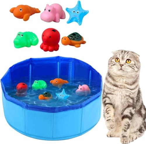 Katzen-Pool-Spielzeug mit Fisch-Wasser-Katzenspielzeug, tragbares Katzenpool-Spielzeug mit 6 Spielzeugen, Schwimmbad-Fischspielzeug für gelangweilte Indoor-Katzen, interaktives Katzenspielzeug für