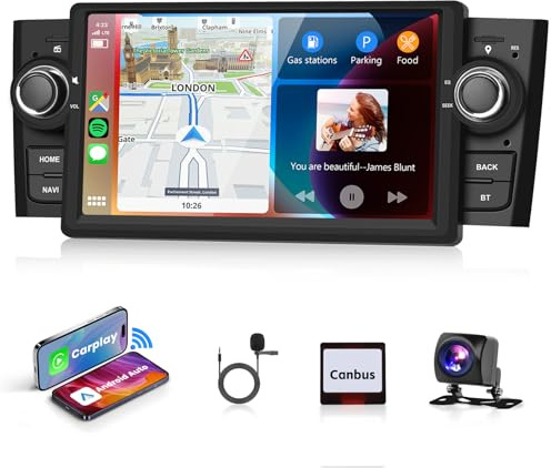2G & 64G Podofo Autoradio per Fiat Punto 2005 – 2009/per Fiat Linea 2007 – 2011 Wireless Carplay Android Auto, 7 Touchscreen Stereo Navi/WiFi con telecamera posteriore AHD GPS Bluetooth RDS/FM Radio