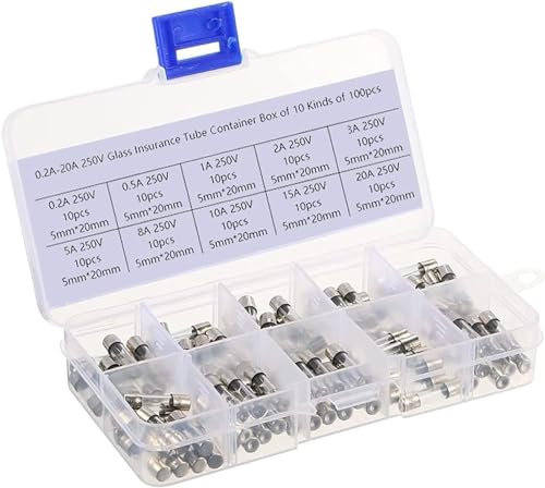 ZYHNYTAO Sicherung 5 x 20 mm, flinke Glasrohrsicherung, verschiedene Sets, flinke Glassicherungen 0,2 A, 0,5 A, 1 A, 2 A, 3 A, 5 A, 8 A, 10 A, 15 A, 20 A, 10 Arten, je 10 Stück