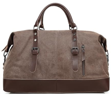 SunBorls Uni-Reisetasche mit großem Fassungsvermögen – 55 l Segeltuch, Echtleder-Akzente, Handgepäck, Übernachtungs- und Wochenendtasche für Damen und Herren, grau, Vintage-Handheld, Crossbody