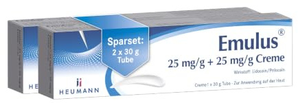Emulus 25 mg/g + 25 mg/g Creme, Betäubungscreme, 2 x 30 g | Lidocain und Prilocain, lokale Betäubung der Haut bei schmerzhaften Behandlungen wie Tätowierung, Impfung Laserbehandlung