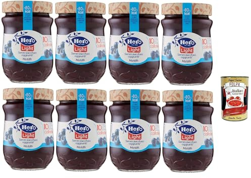 Hero Light Arándanos, mermelada, 8 tarros de 280 g, mermelada y mermelada adicional, fruta de alta calidad, sin conservantes y sin colorantes + Polpa italiana Gourmet 400 g