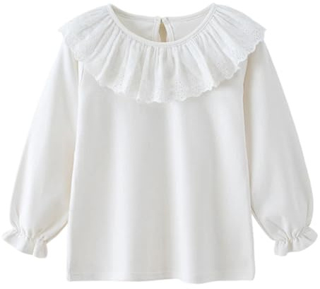 Mud Kingdom Big Girls Long Sleeve T-Shirt Floral Hollow-Out Trim Blouse for Girl Peter Pan Collar Pullover Cotton White 11-12 Years