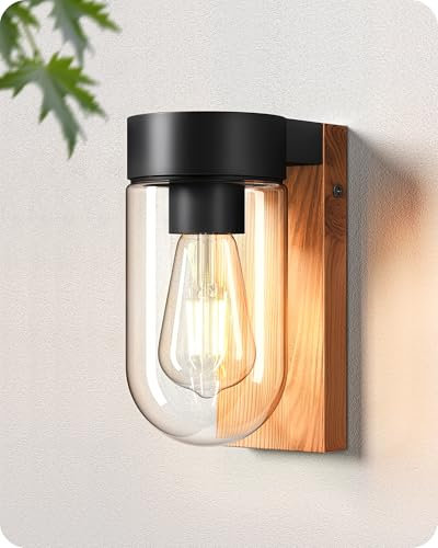 EDISHINE Lampada da parete esterna con vetro trasparente, in alluminio antiruggine effetto legno, IP44, portalampada E27, lampada da parete per terrazza, tenda e giardino, 20 x 8,2 x 13,5 cm