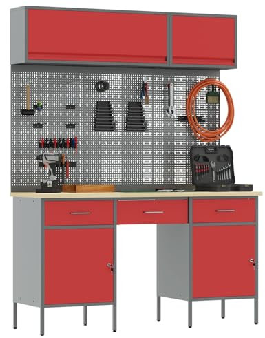 vidaXL Arbeitsschrankset mit Schubladen mit Speicher 8 pcs Rot, Werkstatt-Schrank, Moderne Aufbewahrung für effiziente Werkzeugorganisation, Robustes pulverbeschichtetes Stahl