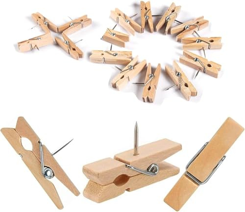 lisetar Holzklammern mit Stecknadeln 100 Stück Natürlich Holz Push Pins Clips Pinnadeln Holz Reißnägel Reißzwecken für Korktafeln Handwerk Büros Zuhause…