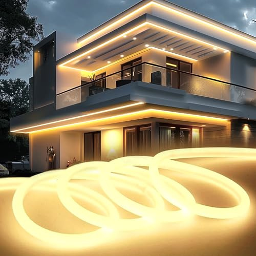 KSIBNW Outdoor LED Strip Light 20m/65.6ft Garden Waterproof, Natural White 320° Glow Neon LED Strip Lights Outside IP65 Flexible 220v-240v Cuttable Rope Strip for Kitchen Outdoor Indoor Decor, 4000K
