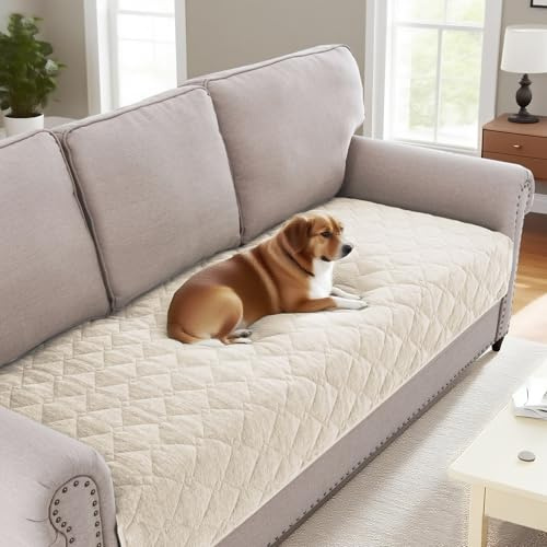 H.VERSAILTEX Couch Cover Chenille Pet Fuzzy Sofa Covers for 3 Cushion Couch Anti Slip Washable Sofa Slipcovers with Strap Soft Couch Protector Cover for Dogs Cats Kids(36 x 82, Ivory)