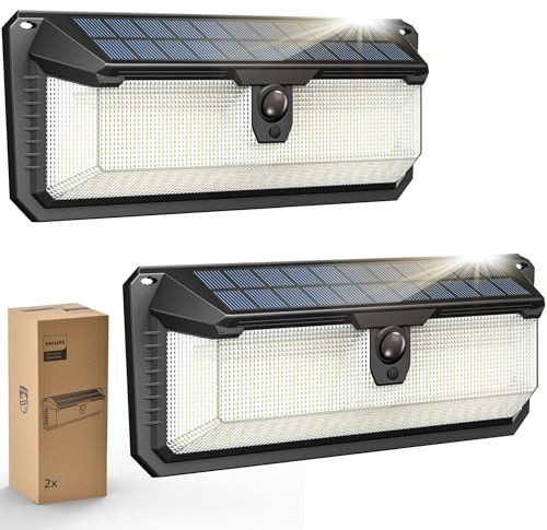 Philips Solarlampe Außen mit Bewegungsmelder, 258 LEDs Solarbetriebene Außen-Sicherheitsleuchte, 3 Modi, Wasserdichte Wandleuchte für Garten, Hof, Zaun, Garage (2 Stück)