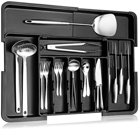 Hanamura Portaposate da Cassetto Estensibile – Organizer Cassetti con 5–8 Scomparti – Divisori per Cassetti con Supporto Coltelli e Base Antiscivolo – Porta Posate Cucina Cassetto Nero
