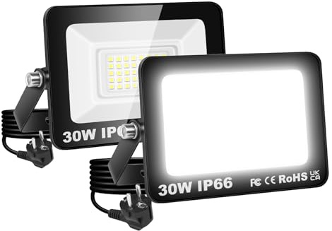 RIGIDON 2x 30W Projecteur Exterieur, 3000LM Spot Led Extérieur avec Prise | 6000K Blanc Froid, IP66 Imperméable Éclairage de Sécurité, Projecteur Led pour Jardin Patio Cour Garage Entrée Allée