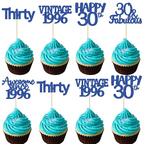 Gyufise 30Pcs Happy 30th Birthday Cupcake Toppers Glitter Thirty Vintage 1996 Cupcake Picks Cheers to 30 Fabulous Cake Decorations for Happy 30th Birthday Wedding Anniversary Party Supplies Blue