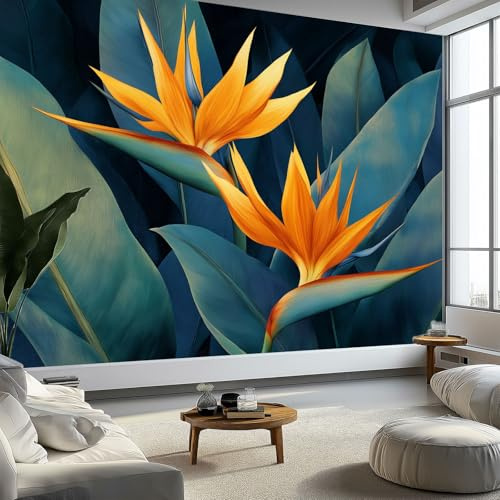 Fotomurale Carta da Parati Acquerello Fiori Di Strelitzia Foglie 200 x 140 cm Fotomurali Murale Poster Gigante, Nero Moderna Carta da Parati per Camera Letto Soggiorno Stanza dei Bambini