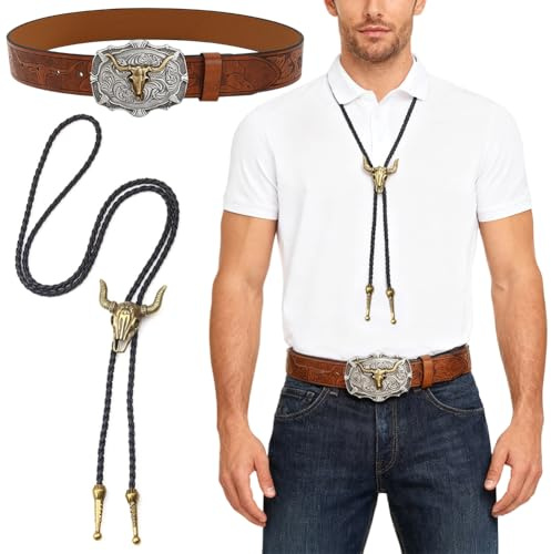 JhavexToy Western Leder Cowboy Gürtel für Herren Damen，Krawatte mit Kuh Schädel Anhänger,Vintage-Stil, Kuhkopf-Schnalle, Western-Stil，Gürtel Halskette, Weihnachten Geburtstagsgeschenk (Braun)
