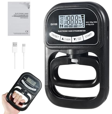 Digitales Griffkraft Messgerät, 396 Lbs/180 Kg Hand Dynamometer, Schwarzes Handkraftmessgerät, Griffkraft Trainer Mit Lcd-Display, Grip Strength Trainer Mit USB-Ladekabel Und 19 Aufzeichnungsgruppen