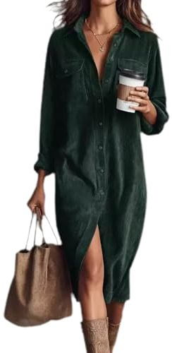 Vestido Camisero de Pana para Mujer, Estilo otoño, con Botones. Vestido Casual de Manga Larga con Cuello de Solapa y Bolsillos. (Dark Green,L)