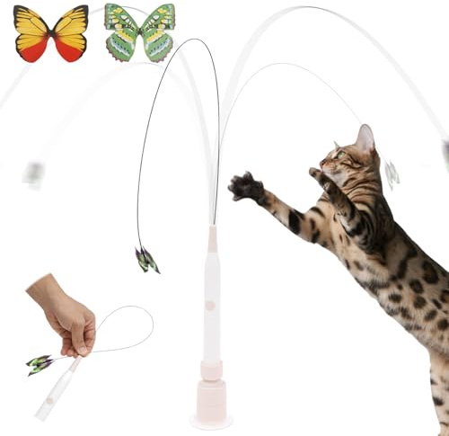 VAVPUP Elektrisches Schmetterlings Spielzeug für Aktive Katzen,Interaktives Katzenspielzeug mit Saugnapf und 2 Schmetterlings Ersatzteilen, Sicher Katzenangel,Aktives Spielen,Glückliche Katze(Rosa)