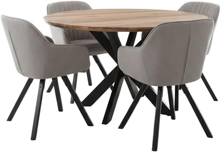 MR. DEKO Essgruppe Avola Tisch Rund 110cm Mangoholz 4 Stühlen Grau Matera | 5-teilig Dining Set