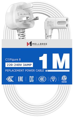 Power Cable Compatible with Samsumg TV 1M, Mellbree Quality Safe Right Angle Suitable for Awkward Space Figure 8 Power Cable Compatible with Samsung, LG, Panasonic TV White