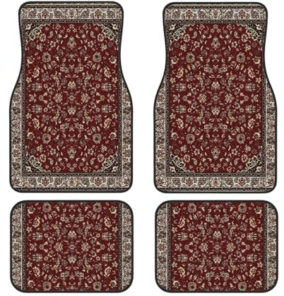 Tapis de Sol Avant et arrière de Voiture, Aspect Tapis Oriental Rouge Rouille, Jeu Complet de 4 Tapis, Protection Toutes Saisons