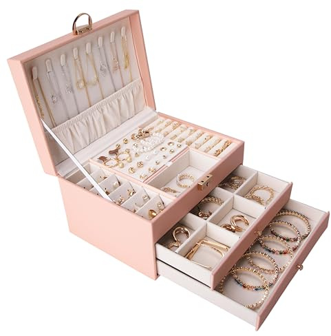 HomeMirth Jewellery Box Trinket Ring Necklace Earring Bracelet Watch Jewlery Storage Organiser Case Friendship Gift Ideas For Women 15 Year Old Teenage Girls Peach Pink