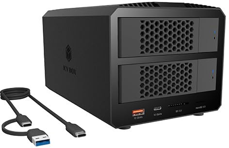 ICY Box (2-Bay RAID-System) für 2.53.5 SATA HDDSSD, RAID 01SINGLELARGE per DIP-Schalter, USB 3.2 Gen 2 10 Gbits, integrierter Lüfter, Schwarz, IB-RD3721HR-CU31