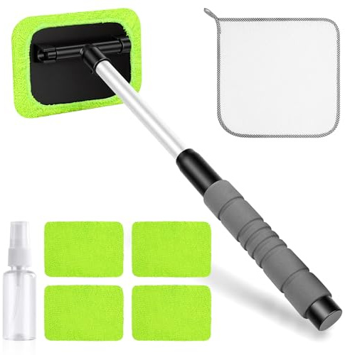 URAQT 8 Pcs Cepillo Limpiador Parabrisas Ventanas de Coche, Kit Limpieza Coche Extensible, Cepillo para Parabrisas Kit de Mango Giratorio de 180° con 5 Almohadillas de microfibra, 1 Botella y 1 Toalla