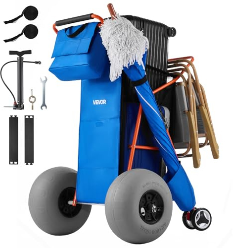 VEVOR Carro de Playa con Ruedas de Globo, Carrito Plegable Capacidad de Carga de 75 kg, con Bolsa Térmica, Soporte para Sombrilla, Marco de Acero para Camping, Pesca, Eventos Deportivos, Picnics