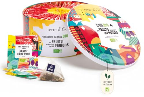 Terre d'Oc - Coffret 42 Sachets Thés Bio - Collection de Nos Régions | 6 Thés Verts et Noirs - Fruits Certifiés IGP - Pêche, Cassis, Mirabelle - Idée Cadeau Homme et Femme - 84g