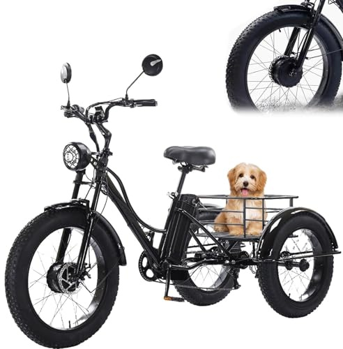 Triciclo elettrico per anziani: pneumatici Fat Bike da 24 pollici, supporto a pedale, cestino portabagagli (portata 200 kg), faro ideale per sport, città e montagna, nero