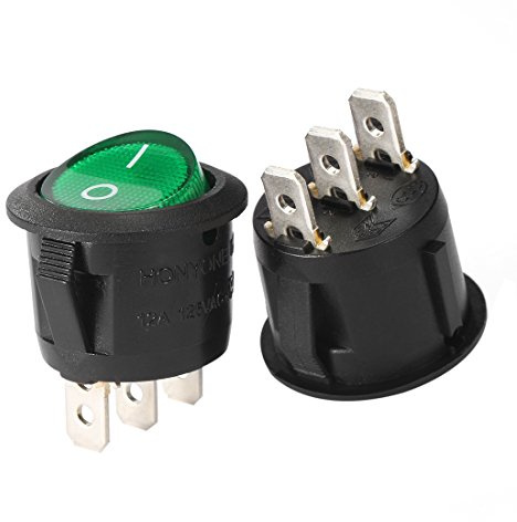 sourcing map 10Pcs AC 250V/10A 125V/12A Vert Lampe 3 Borne SPST 2 Position Rond Poussoir Bouton On/Off Rétroéclairé Mini Interrupteur à Bascule Bateau
