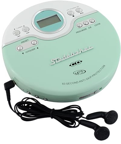Studebaker SB3703MW Joggable Personal CD/MP3 Player with Audio Book Compatibility, Bookmark Feature and FM PLL Radio - Mint/White