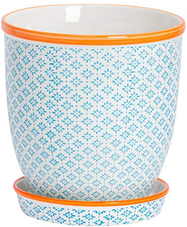 Nicola Spring Patterned Plant Pot with Saucer - Blue - 20.5cm Porcelain Indoor Ceramic Planter with Drainage Holes Outdoor Garden Flower Pots for House & Garden Flowers