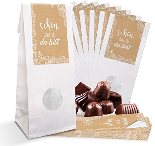 Logbuch-Verlag 25 kleine Sichtfenstertüten Tüten Schön dass Du da bist Aufkleber mit Fenster als Gastgeschenk give-away Verpackung natur weiß beige