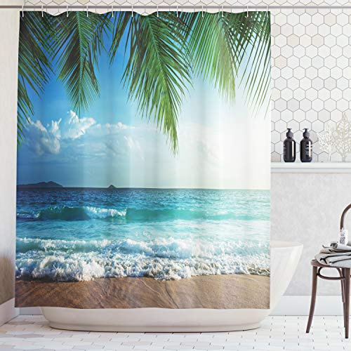 ABAKUHAUS Ozean Duschvorhang, Palmen Tropische Insel, mit 12 Ringe Set Stielvoll Modern, 175x200 cm, Blau und Grün