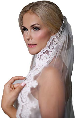 Unbekannt Schleier 220 mit Kamm cm Brautschleier 1 Lage Feintüll Kamm Perlen Hochzeit Braut Kapelle (Weiß) (Ivory)
