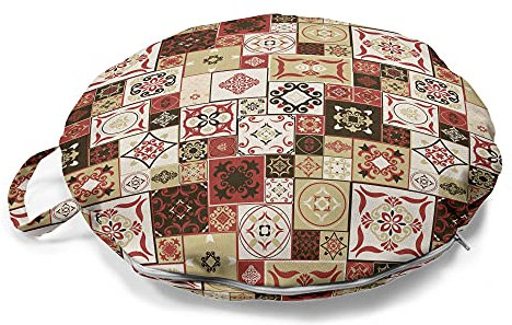 ABAKUHAUS marokkanisch Rundes Bodenkissen mit Griff, Vintage-Quadrat-Muster, dekoratives Kissen für Wohnzimmer & Schlafsäle, 45 cm, Creme Dunkel Coral Brown