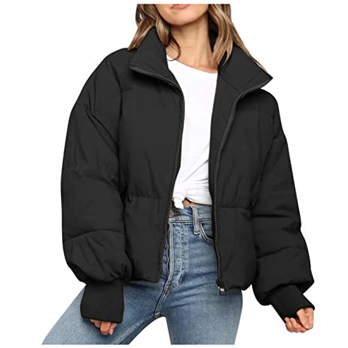 CCOOfhhc Chaqueta de plumón para mujer - Ligera, ligera y cálida - Con cuello alto - Chaqueta acolchada - Chaqueta de invierno corta - Cremallera - Tallas grandes, Negro , XS
