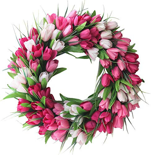 YYGQDR Künstliche Tulpen-Blumenkränze, Tulpen-Kränze, rosa und weiße Tulpen-Blumenkranz, Frühlingsseide, Blumenkranz mit grünen Blättern für Haustür, Wand, Zuhause, Hochzeitsdekoration
