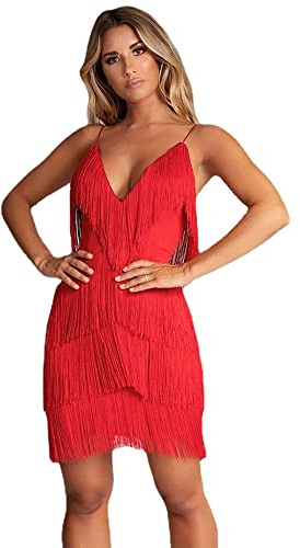 MOFLORA Vestido Sexy para Mujer con Corte Profundo en V, Sin Espalda, con Parche, Estilo Bodycon, para Verano, con Flecos y Borla, Ideal para Club, Fiesta, Promesa, Mini Tirantes, rojo, S