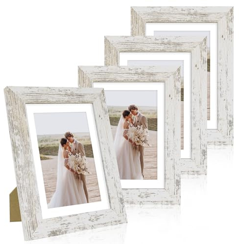 Hongkee 5x7 Picture Frame Set of 4, Made of Real Glass and Distressed White Wooden Frame, 5 by 7 Photo for Wall or Tabletop - Display Picture 4x6 with Mat or 5x7 Without Mat