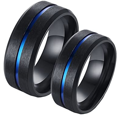 Homxi Paarringe Gravur 2 Stück,Verlobungsringe Edelstahl Paar 8MM Schwarz Ring mit Blau Linie Verlobungsringe für Paare