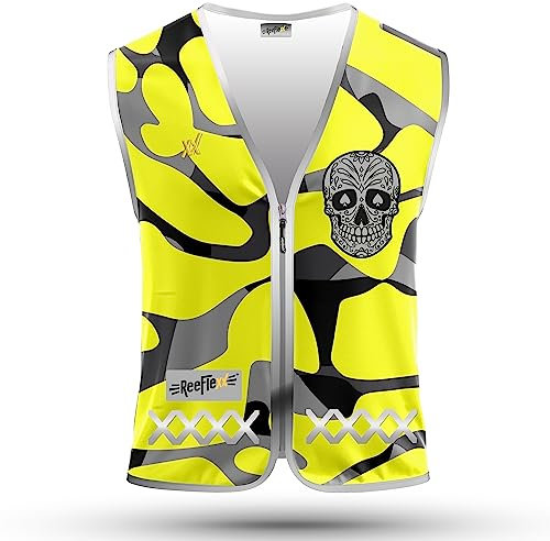 REEFLEXX Herren-Fahrradweste - Stylische Warnweste mit auffälligen Farben/Mustern und starken Reflektoren - Erhöhte Sichtbarkeit im Straßenverkehr. Yellow Camou Skull, Größe L/XL