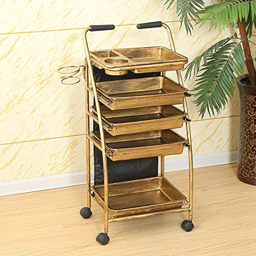 Friseurwagen Gold Retro Salon Lagerwagen mit 4-5 Schubladen Schwarz,mit Fönhalter Friseur Rollwagen Haare Spa Ablagefach Arbeitswagen Rollwagen Stapelboy 29X41X88CM