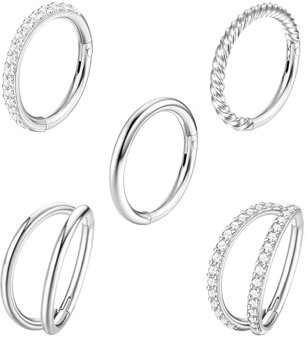 Diamday 5 Pezzi di Piercing al Naso in Acciaio Chirurgico 18G 16G per Donne Anelli a Forma di Fiocco con Zirconia Anelli di Setto Articolati con Chiusura a Scatto Gioielli per Piercing 8mm 10mm