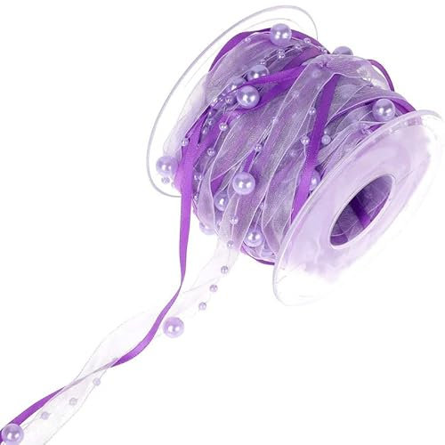 SYSUII 2 Rollen 10M Künstliche Perlenband Chiffon-Band mit Organza Perlengirlande Spitzenband Geschenkband Dekoband für Hochzeit,Blume,Weihnachtsbaum,Dekoration,Nähen, Basteln,Verpackung- Lila