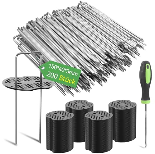 Graxury 200 Piezas 15cm Ø 3mm Estacas de Jardín Resistentes con 200 Piezas de Junta - Grapas de Acero Galvanizado para Asegurar Telas Antihierba, Redes y Tubos de Riego con 1 Gancho de Selección