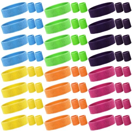 72 Pcs 80s Neon Headbands Sweatband Set, Include 24 Sports Headbands and 48 Sweat Wristbands Bulk for Woman Man (Stylish)