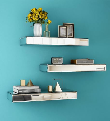 SHYFOY Mirrored Floating Shelves for Wall, Set of 3 Glass Wall Mounted Shelves for Bathroom Decor, Hanging Book Shelf for Bedroom, Living Room, Kitchen, Storage & Decoration, Silver
