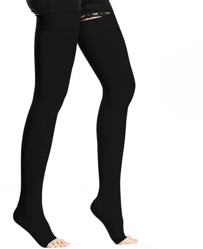 BellaAchtung Chaussettes de compression médicale pour homme et femme 20-30 mmHg - Soutien gradué - Bas de contention pour la cuisse - Chaussettes de compression sans pied avec bande en silicone, Noir